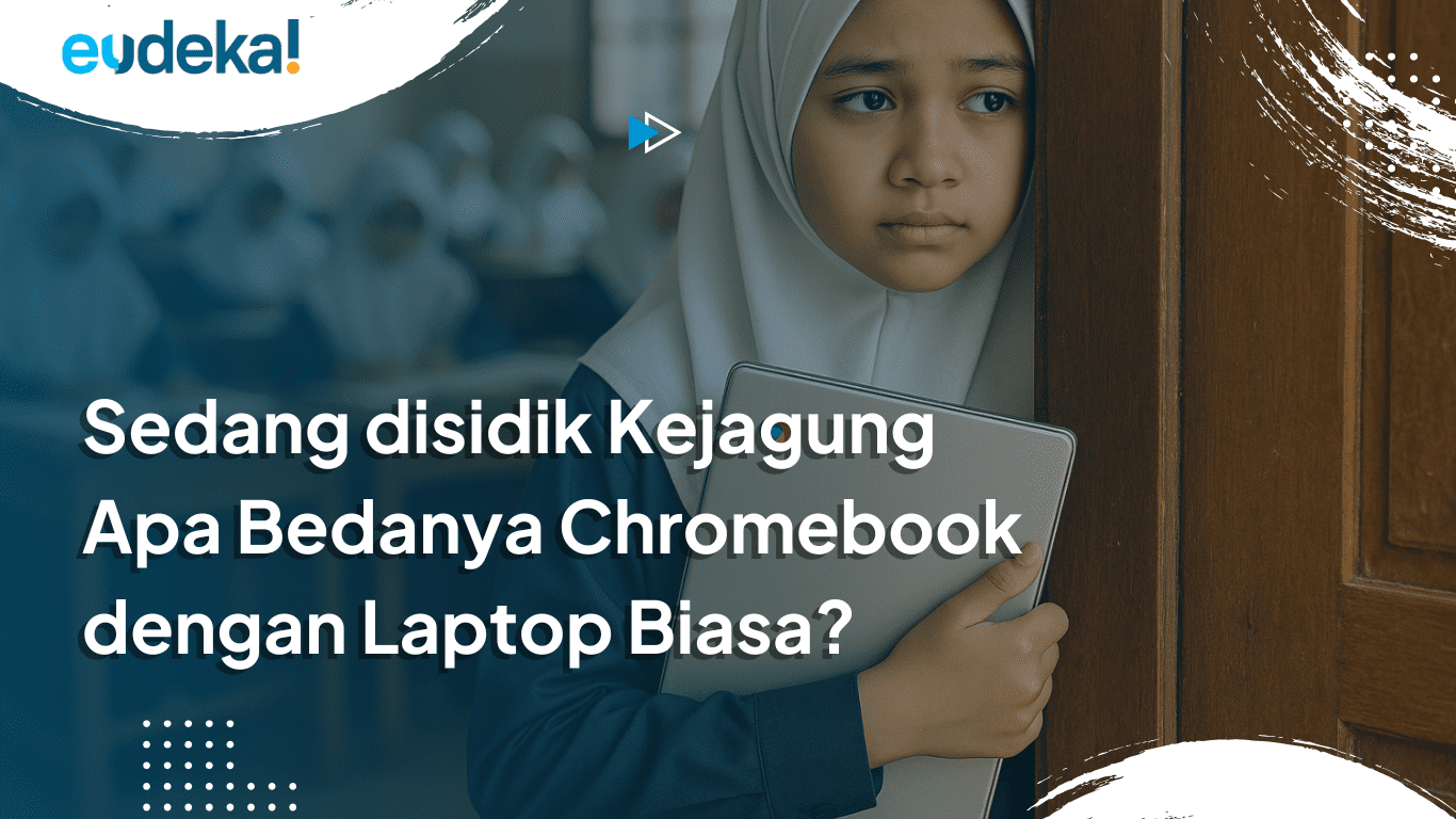 A young Indonesian Muslim girl wearing a white hijab and dark blue uniform peeks through a wooden classroom door while holding a silver Chromebook with a colorful Google Chrome logo. The classroom behind her is filled with similar students in uniform, studying at wooden desks. The scene captures a contemplative, slightly nervous look on the girl's face, with soft lighting and a shallow depth of field that focuses on her while slightly blurring the background. The atmosphere evokes curiosity and wonder about using new digital technology in an educational setting. The overall tone is calm and hopeful