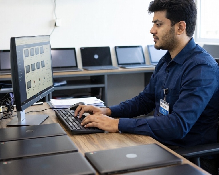 Tim IT sekolah sedang mengelola Chromebook untuk edukasi melalui sistem manajemen terpusat di ruang server