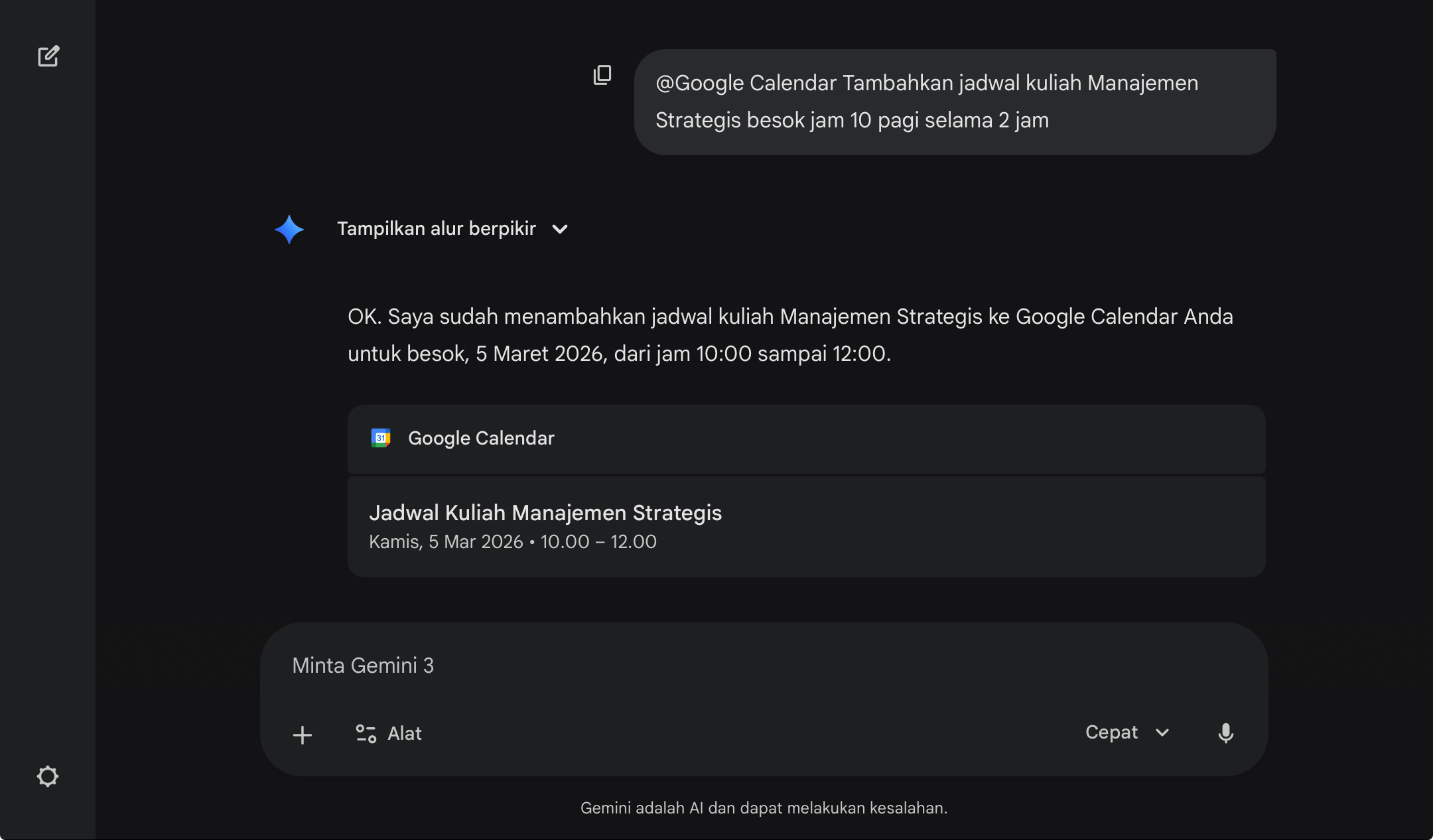 mengetik prompt gemini untuk menambahkan jadwal ke google calendar